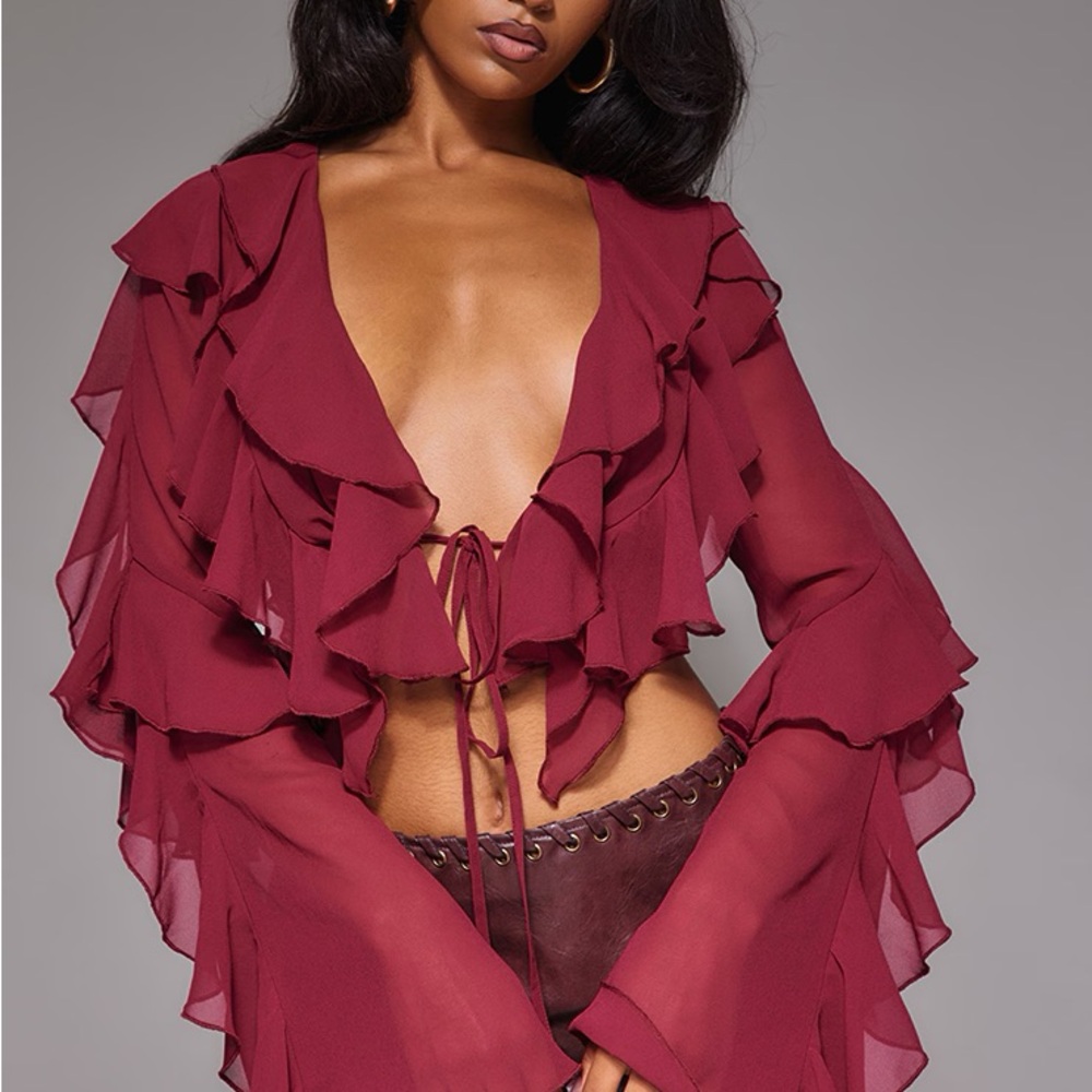 PrettyLittleThing Deep Red Ruffle Blouse - Picture 3 of 3